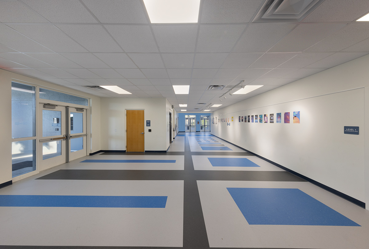 Interior design lobby view of the Plumosa School of the Arts in Delray Beach. FL. 